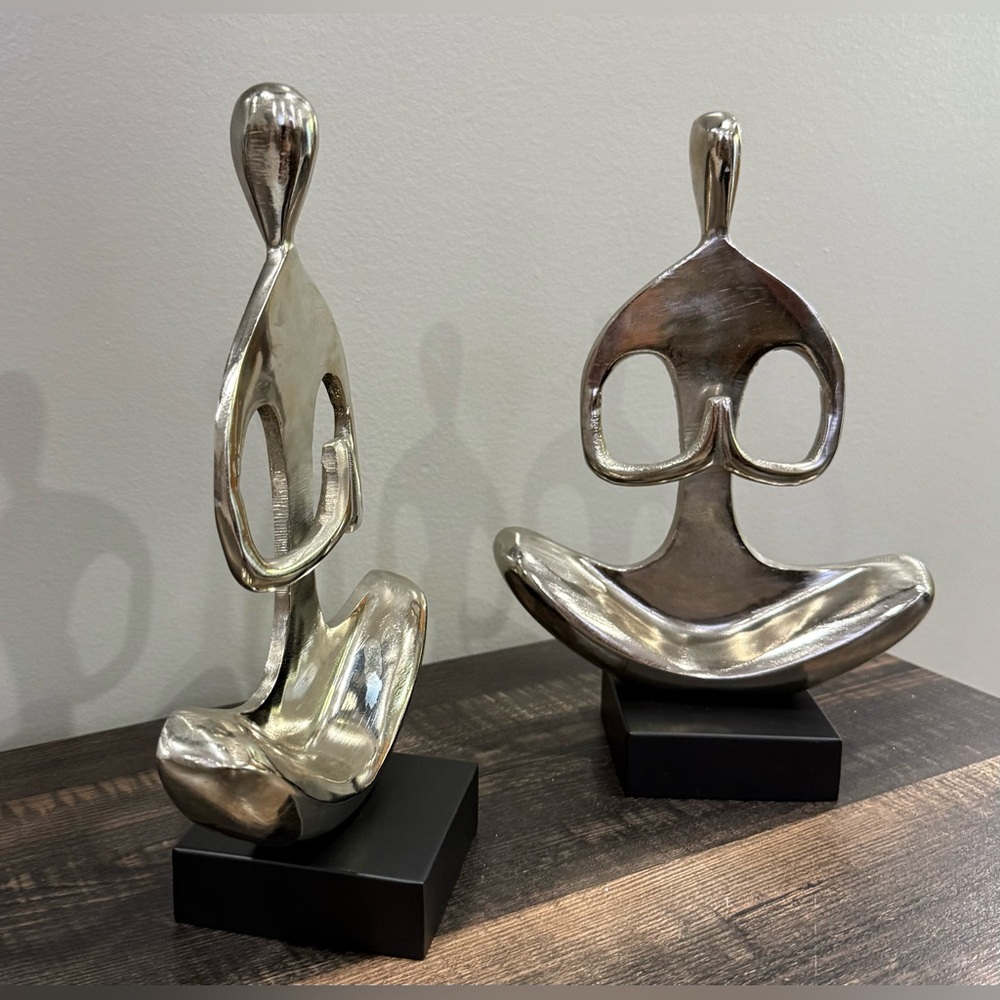 Zen Yoga Arms Down Sculpture Pair Meditation Pose Aluminum Silver Tone Figurine - Picture 2 of 11